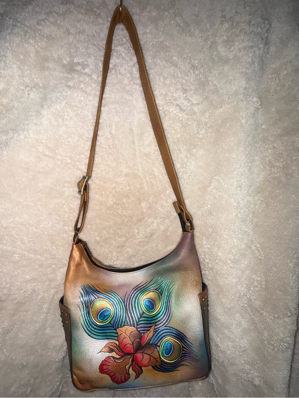 Anuschka | Hand Painted Peacock Studed Handbag